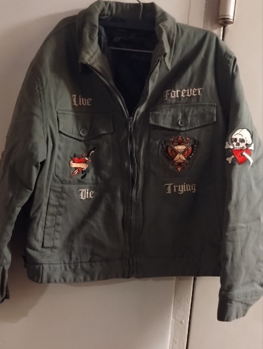 Men's Military Green Embroidered Cotton Jacket - Live Forever Design - Picture 2 of 6